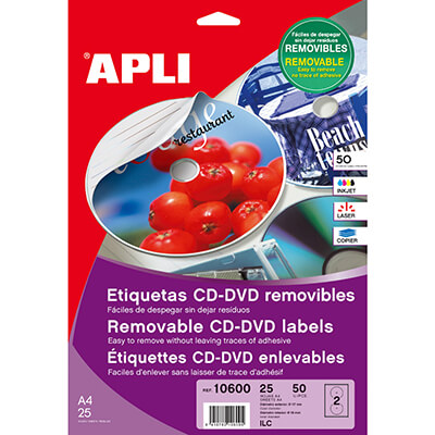Etiquetes cd/dvd 117mm removible 25f