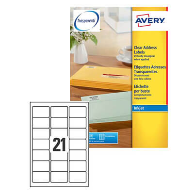 Etiquetas Avery A4 ink-jet 63,5x38,1 transparentes